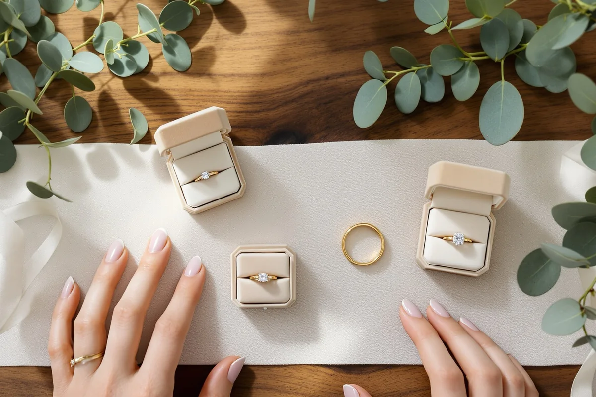 Wedding rings and jewellery arranged for comparison